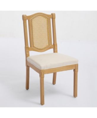 Solid Wood Rattan Back Dining Chair - Natural Linen Cushion