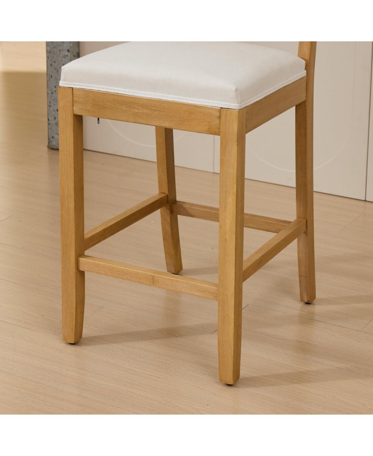 Streamdale Solid Wood Rattan-Inspired Bar Stool with Linen Cushion