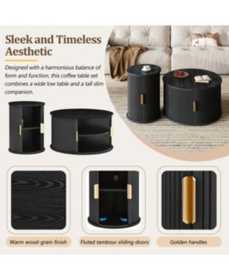 Streamdale Mid-Century Coffee Table Set with Sliding Tambour Door, Black