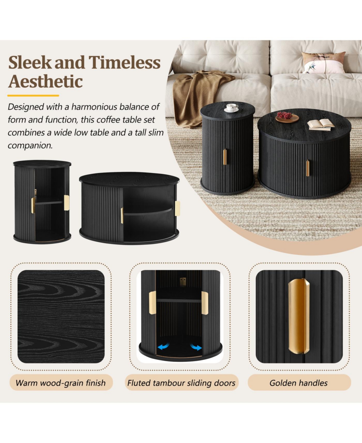 Streamdale Furniture Mid-Century Coffee Table Set with Sliding Tambour Door, Black