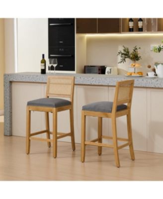 Solid Wood Rattan-Inspired Bar Stool with Linen Cushion