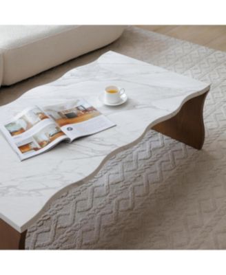 Whisper of Waves Modern Coffee Table, White Faux Marble, Walnut Brown