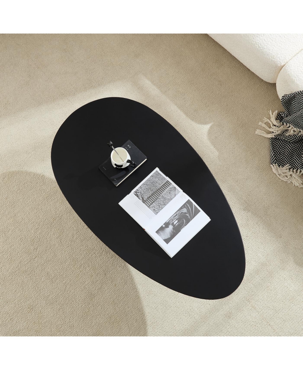 Streamdale Lucky Stone Oval Coffee Table, Modern Minimalist Fiberglass Center Table, Black