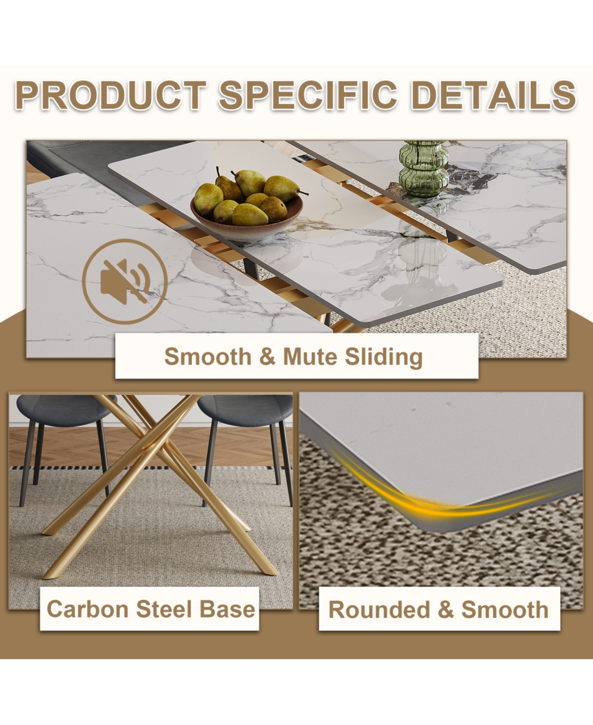 Streamdale 59" Modern Expandable Dining Table w/Retractable Leaf, Charred Stone & Gold Base