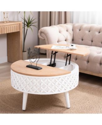 Streamdale Round Coffee Table with Storage Lift-Top Accent Table, White Carved Base