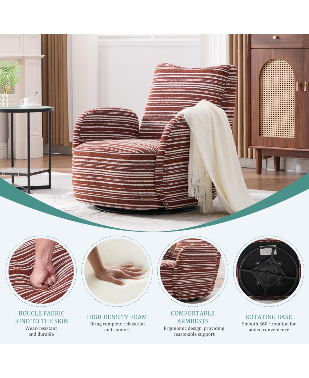 Streamdale Modern Style Swivel Leisure Chair with Striped Armrest