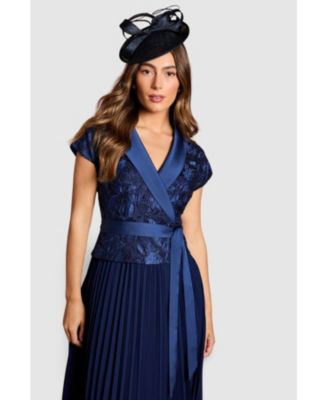 Women's Lace Wrap Top Pleat Tux Midi Dress