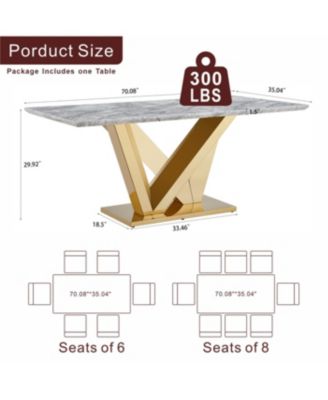 Dining Table for 6, 70" Rectangle Faux Marble w/ Mirrored Stainless Steel Base (Gold, Gray)