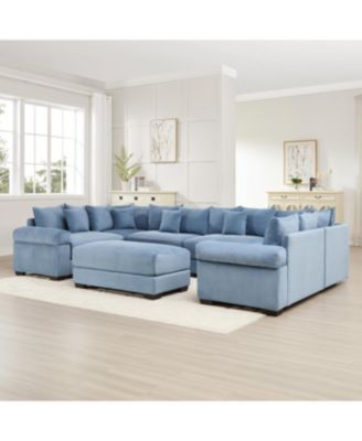 Streamdale Oversized Cloud Modular Sectional Couch with Ottoman, Soft Corduroy, Blue