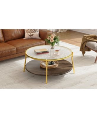 Streamdale Modern Round Walnut Coffee Table with Glass Top & Gold Base