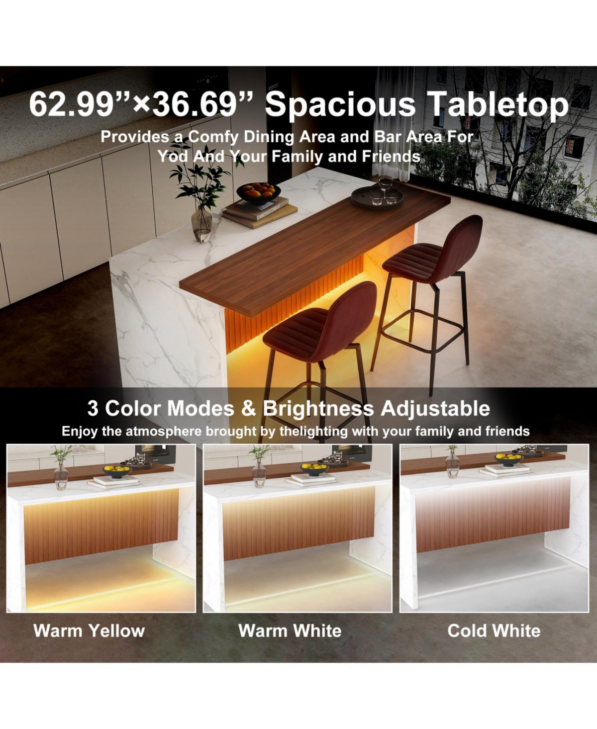 Streamdale Furniture Modern Kitchen Island Set with 2 Bar Stools - White Marble Look, Led Lighting & Grill Design