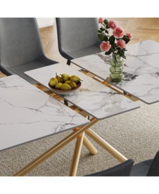 Modern Expandable Dining Table with Retractable Leaf, Stone Top & X-Base, 4 Chairs