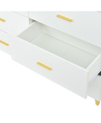 Six drawers, golden straight aluminum handle, golden triangle legs, white locker