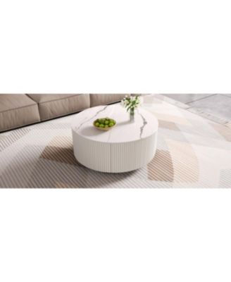 Streamdale Modern Round Coffee Table with Casters & 2 Drawers, White Marble Top