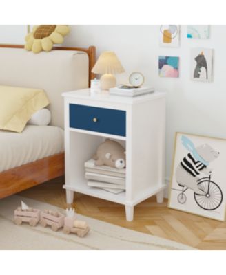 Streamdale Wooden Nightstand with Drawer and Shelf for Kids and Adults, Navy+Golden Handle