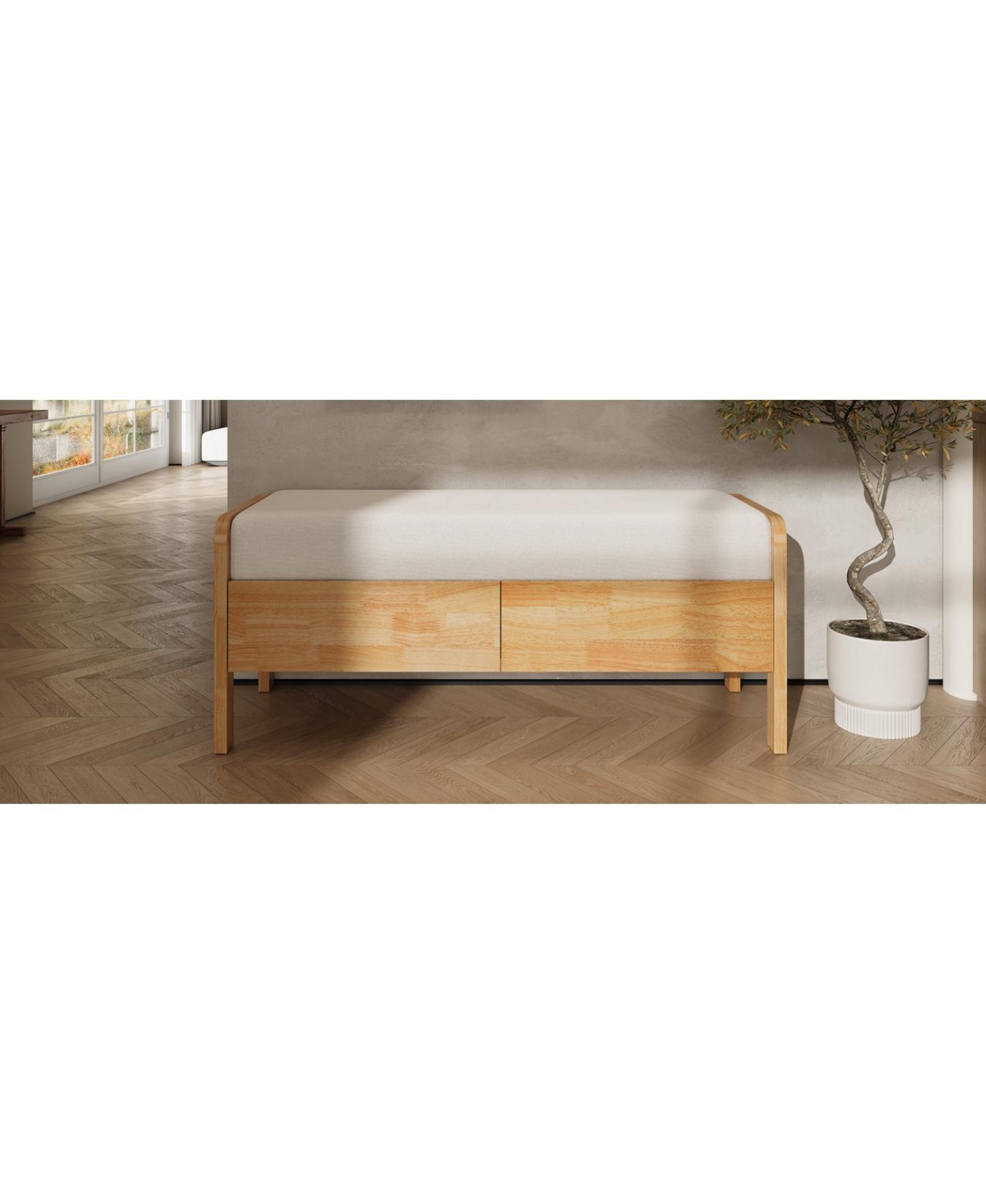 Streamdale Furniture Upholstered Storage Ottoman Bench, Wooden Legs, Oak+Beige