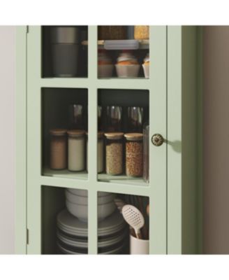 Minimalist Mint Green Buffet Cabinet with Glass Doors & Double Drawer