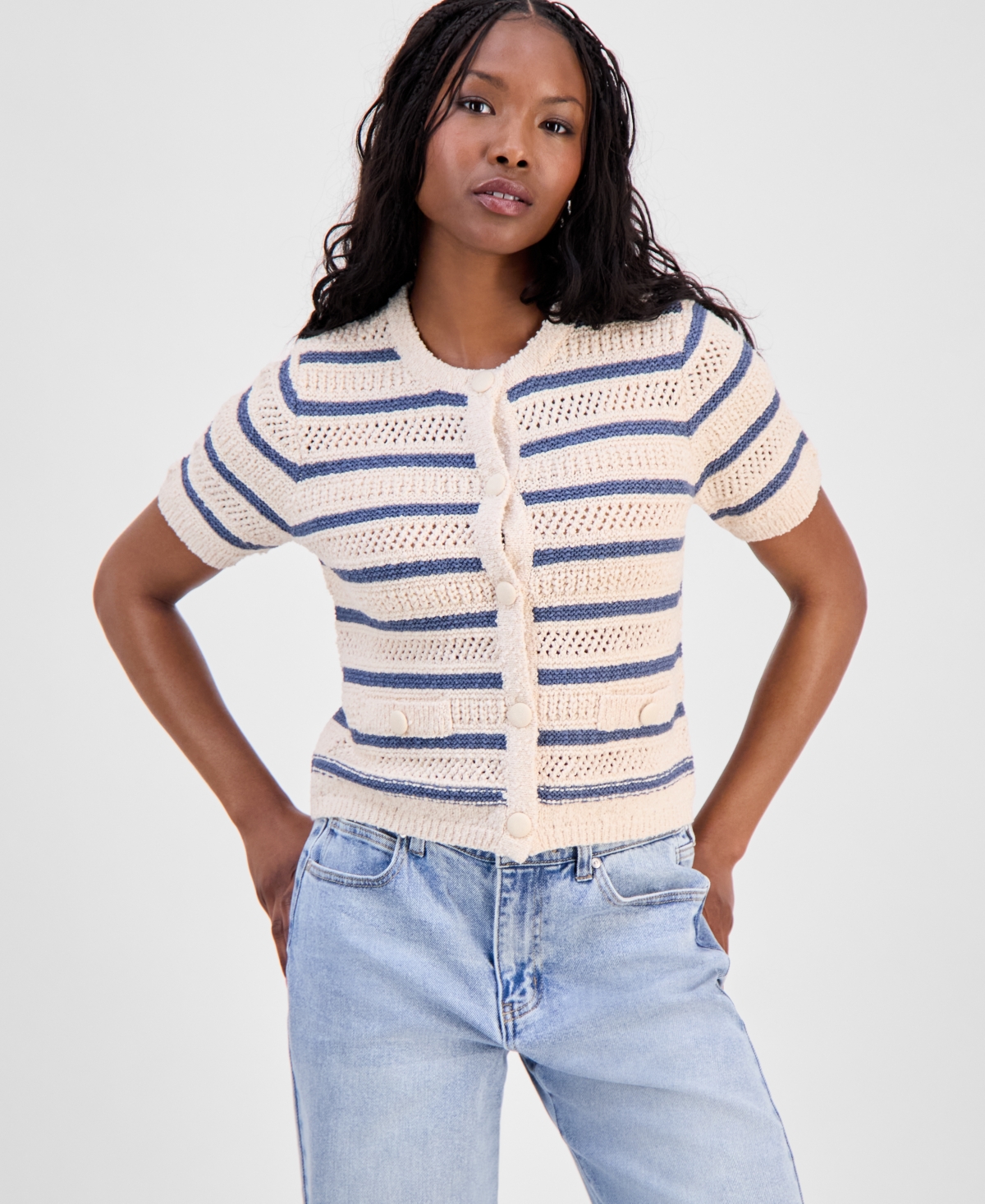And Now This Petite Striped Short-Sleeve Cardigan, Macy's Exclusive