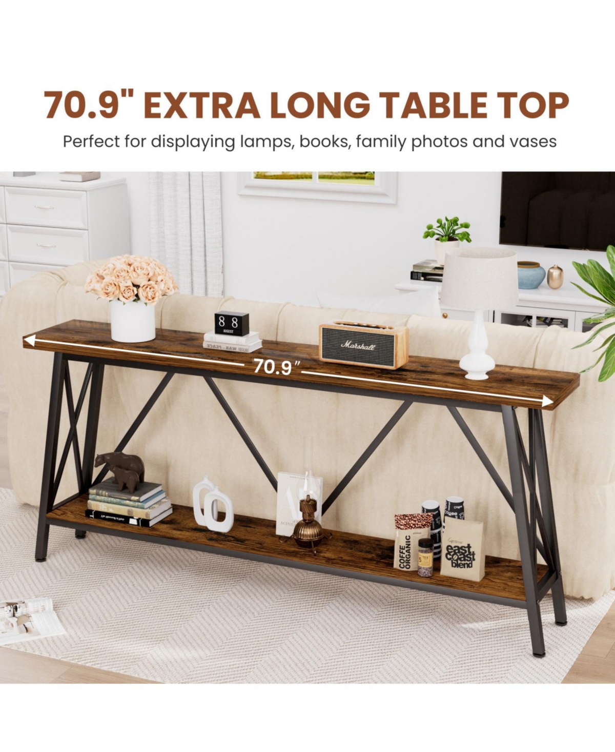 Streamdale 70.9" Extra Long Sofa Table with 2-Tier Storage Shelves, Rustic Brown/Black