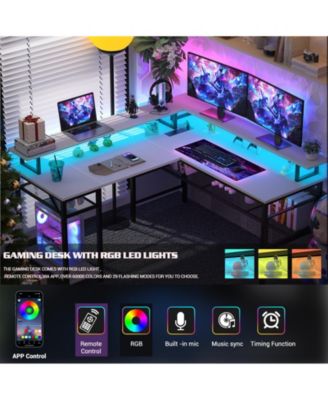 L Shaped Computer Desk with Power Outlets, 55 Inch Corner Desk with LED Lights, Monitor Stand and Shelves, Reversible