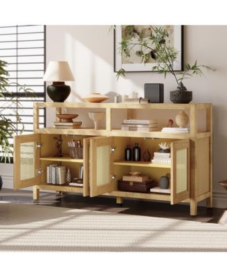 TREXM Bohemian Rattan Buffet Cabinet with Solid Wood Frame 3-Position Shelves and Push-to-Open Design