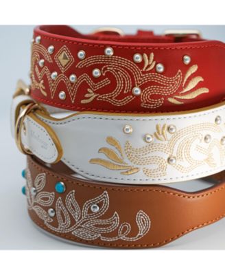 Western Style Full Grain Genuine Leather Embroidered Dog Collar with Pearl or Turquoise Studs