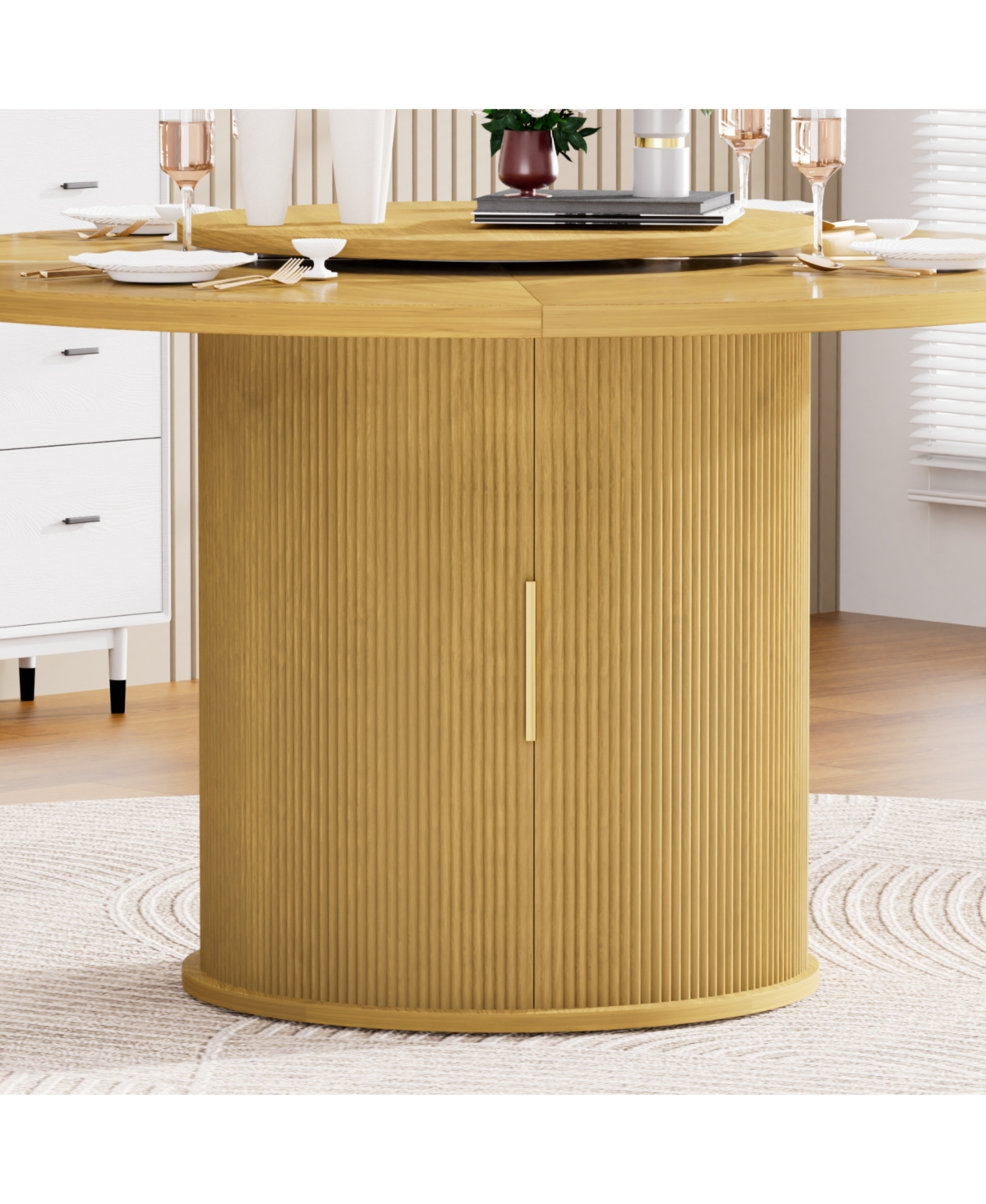 Streamdale Furniture 55" Round Dining Table for Six with Storage Rack & Rotating Tray Natural