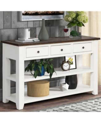 48" Solid Pine Wood Top Console Table with 3 Drawers & 2 Shelves (Antique White/Brown)