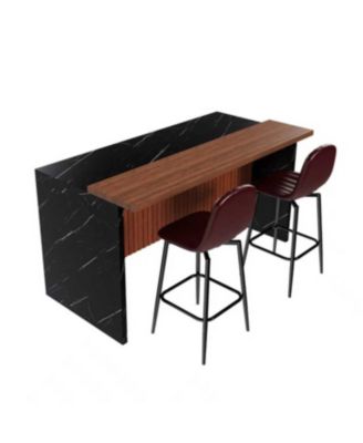  63-inch Modern Kitchen Island Set with 2 Bar Stools - Black Marble Look, LED Lighting & Grill