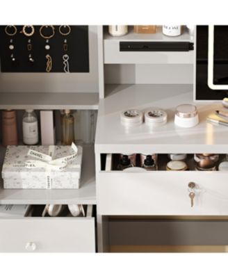  Vanity Desk Set with Lighted Mirror, 4 Drawers, 9 Storage Spaces & Stool, White