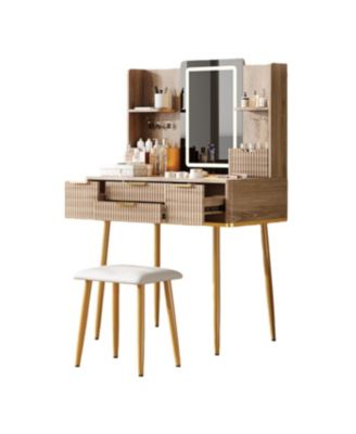 Streamdale 4-Drawer Vanity Desk with LED Mirror & Carved Details, Makeup Table with Stool