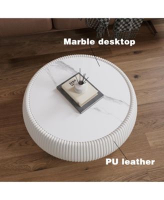  Light Marble Top Leather Drum Coffee Table for Living Room