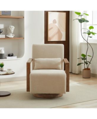 Modern Upholstered Swivel Accent Chair with Solid Wood Armrests - Beige