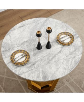  47" Round Marble Dining Table with Stainless Steel Base (Gold/Gray)