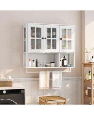 Bathroom Wall Cabinet, 3-Door Wooden Cabinet with Open/Hidden Storage, White