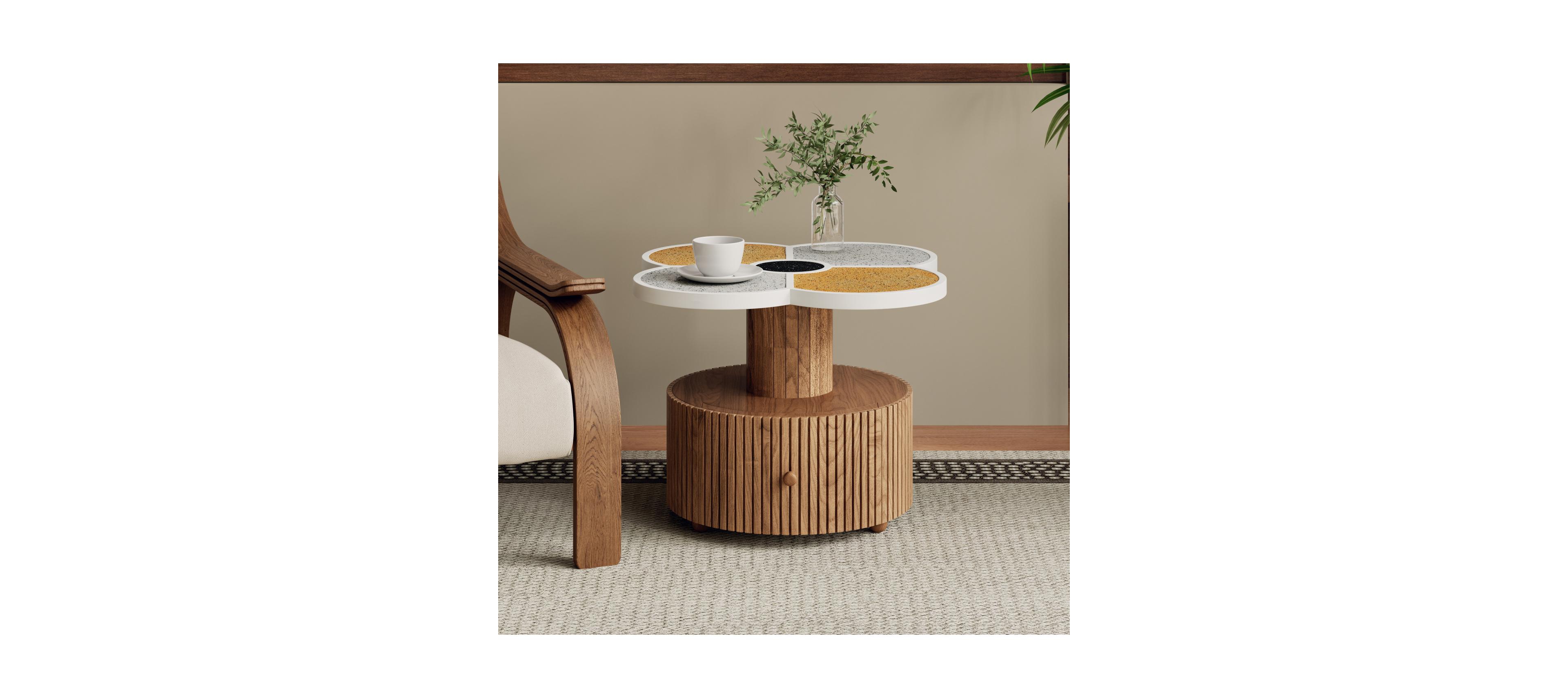 Streamdale Furniture Unique Four-Leaf Clover Side Table with Wood-Grain Base & Storage
