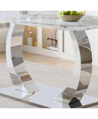  Switchable Mode Stainless Steel Legs Dining Set: White Glass Top & 4 Armchairs