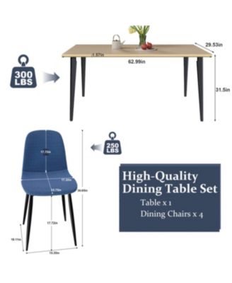 63-inch Farmhouse Industrial Dining Table Set with 4 Blue Chairs