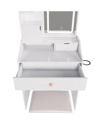 Streamdale 3-Color LED Vanity Mirror with Stool & Pink Dressing Table, 2 Drawers, 5 Cabinets