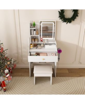 Streamdale 3-Color LED Vanity Mirror with Stool & Pink Dressing Table, 2 Drawers, 5 Cabinets