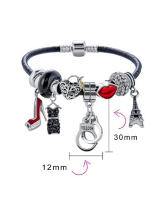 Handcuff Themed Multi Charm Heart Charm Bracelet Black Leather Sterling Silver 6.5-8"