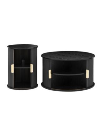 Streamdale Wooden TV Stand & Coffee Table Set with Fluted Doors, Golden Handles, Black