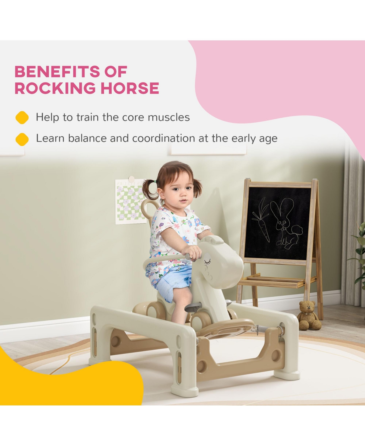 Qaba 5 in 1 Rocking Horse for Toddlers 1-6 Years w/ Balance Board