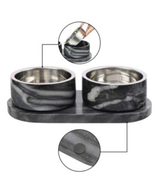Marbre Small/Medium Modern Weighted Double Marble and Stainless Steel Bowl 12oz (1.5 Cups) Feeder with Non-Slip Marble Tray Set