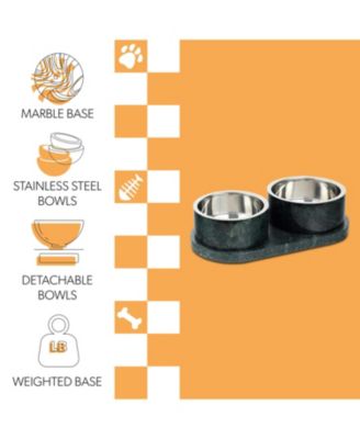 Marbre Small/Medium Modern Weighted Double Marble and Stainless Steel Bowl 12oz (1.5 Cups) Feeder with Non-Slip Marble Tray Set