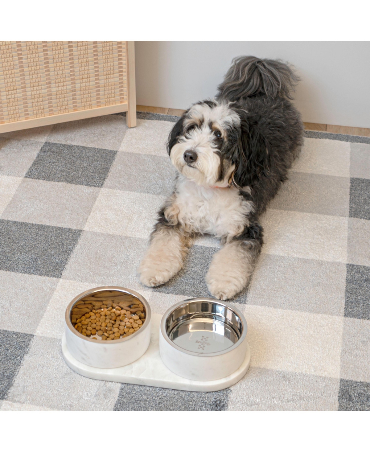 The Licker Store Marbre Small/Medium Modern Weighted Double Marble and Stainless Steel Bowl 12oz (1.5 Cups) Feeder with Non-Slip Tray Set