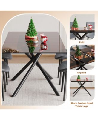59-inch Expandable Dining Table Set with 4 Gray Chairs, Black Glass Top & X-Base