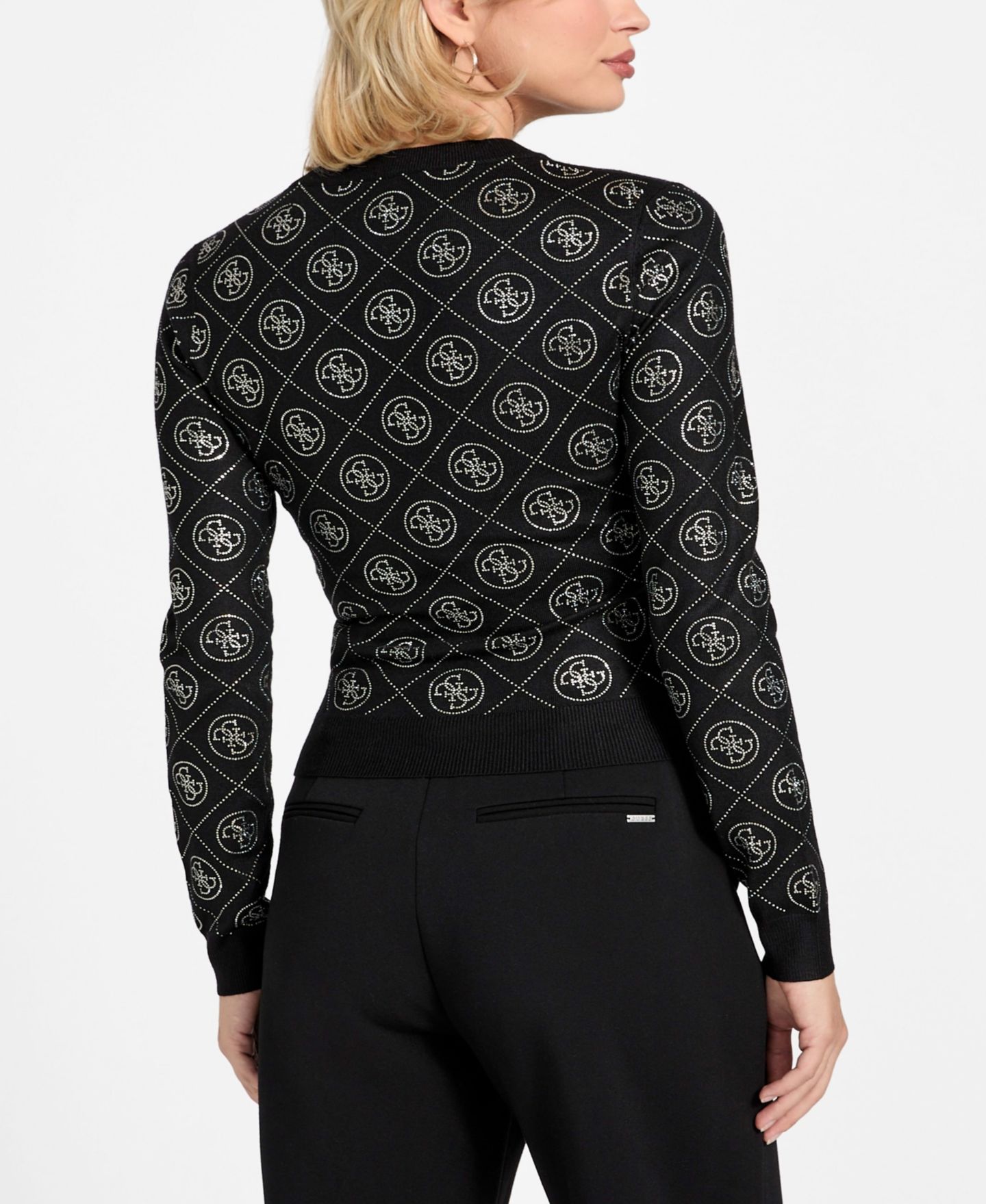 Женский свитер GUESS Long-Sleeve Crewneck Rhinestones 4G, цвет: Чёрный — фото 5