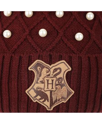 Men's Hogwarts Crest & Pearl Appliques Maroon Cuff Beanie