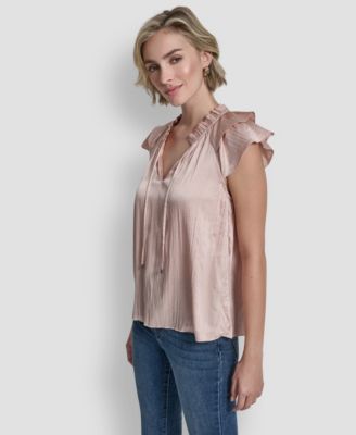 Women's Short-Sleeve Pleated Tie-Front Blouse